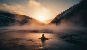 One person meditating on mountain peak, surrounded by serene beauty generated by AI photo