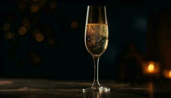 Champagne bottle glowing, glasses raised in celebration of new year generated by AI photo