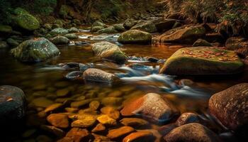 el tranquilo escena de un cascada fluido en un bosque generado por ai foto