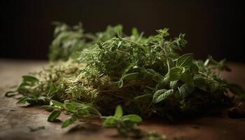 Healthy salad with organic herbs and vegetables on rustic cutting board generated by AI photo