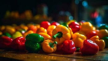 Vibrant, multi colored vegetables stack on wooden table for healthy eating generated by AI photo