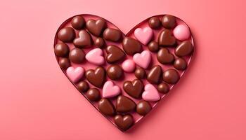 Love symbolized by heart shaped chocolate stack, a sweet indulgence generated by AI photo