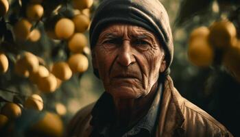 Serious farmer, wrinkled and sad, looking at fruit in poverty generated by AI photo