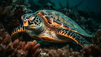 Endangered hawksbill turtle swims in multi colored coral reef, Pacific Islands generated by AI photo