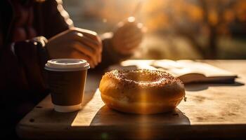 un empresario participación un café taza y cuerno mientras trabajando generado por ai foto