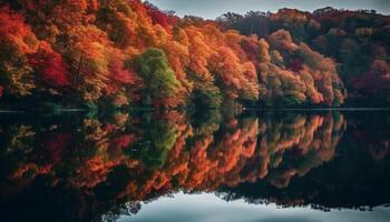 A tranquil autumn forest reflects vibrant colors in the pond generated by AI photo