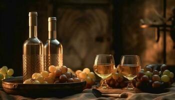 A rustic still life wine bottle, grape, fruit, bread, decoration generated by AI photo