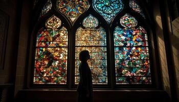 Orando hombres y mujer admirar manchado vaso en gótico catedral generado por ai foto