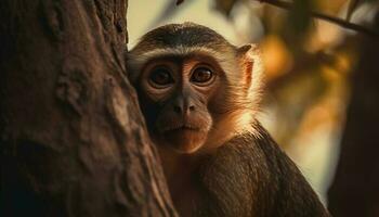 un linda macaco sentado en un rama, curioso a usted generado por ai foto