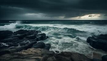 Dramatic sky and crashing waves at waters edge, a storm generated by AI photo