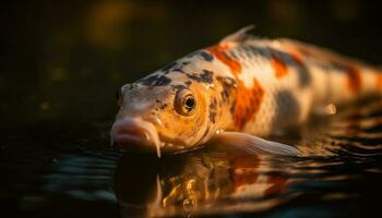 Close up of yellow koi carp swimming in tranquil pond generated by AI photo