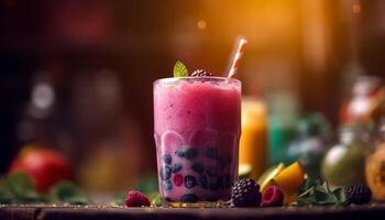 Organic berry smoothie with fresh blueberries and raspberries on wood table generated by AI photo