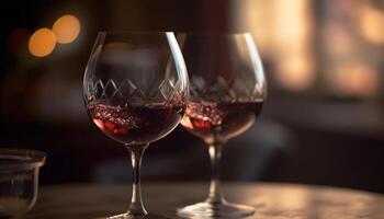 Luxury wine bottle pouring red liquid into wineglass at celebration generated by AI photo