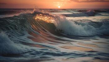 Surfing at dusk, waves breaking, liquid beauty in nature motion generated by AI photo