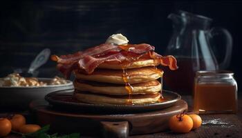 A rustic homemade pancake stack on a wooden plate table generated by AI photo