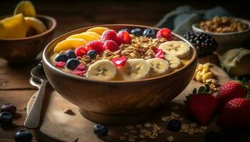 A rustic bowl of granola, yogurt, and fresh berries generated by AI photo