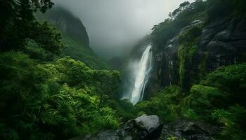 majestuoso montaña rango, tranquilo escena, fluido agua, natural belleza generado por ai foto