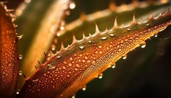 agudo espina en mojado hoja, magnificado soltar refleja belleza en naturaleza generado por ai foto