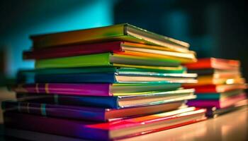 A colorful stack of textbooks on a bookshelf for studying generated by AI photo