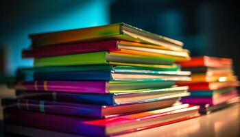 A colorful stack of textbooks on a bookshelf for studying generated by AI photo