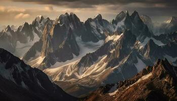 majestuoso montaña cima, nieve cubierto, un tranquilo escena de temor generado por ai foto