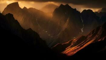 majestuoso montaña pico silueta en contra tranquilo puesta de sol terminado barranco generado por ai foto