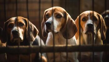 Purebred beagle puppy sitting outdoors, looking at camera with friendship generated by AI photo