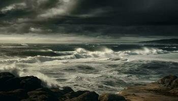 Breaking waves crash against rocky coastline in dramatic sunset awe generated by AI photo