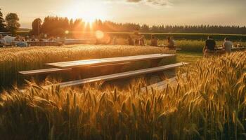 A group of men and women harvesting wheat at dawn generated by AI photo