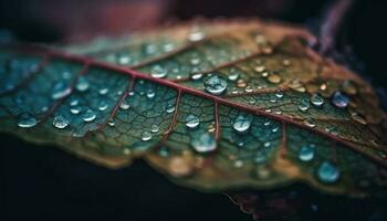 Vibrant green leaf vein reflects dew drop in close up beauty generated by AI photo