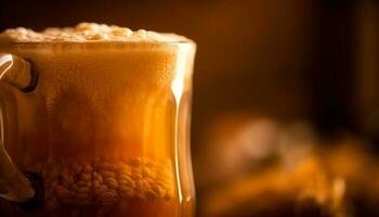 A frothy latte in a yellow mug on a rustic table generated by AI photo