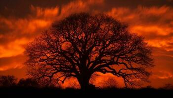 Silhouette of acacia tree back lit by orange sunset sky generated by AI photo