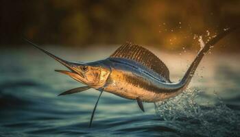 el agudo dientes de un grande pescado atrapado a puesta de sol generado por ai foto
