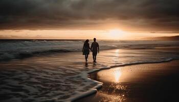 un romántico Pareja camina a amanecer, abrazando naturaleza belleza juntos generado por ai foto