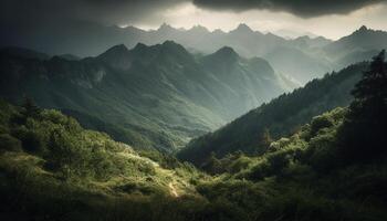 Majestic mountain range at dusk, tranquil scene of wilderness area generated by AI photo