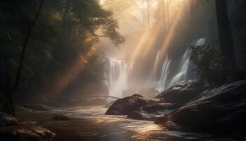 tranquilo escena de fluido agua en majestuoso tropical selva generado por ai foto