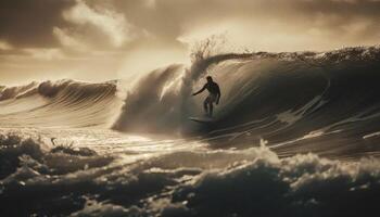 Sun kissed athlete rides pipeline wave in tropical Bali paradise generated by AI photo