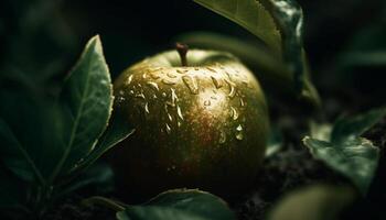 Fresh, ripe apple on wet branch, a healthy snack option generated by AI photo