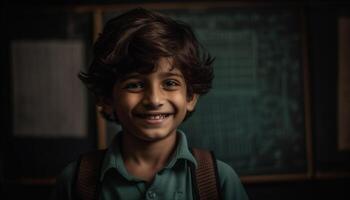 Cute schoolboy with backpack smiling confidently for portrait in classroom generated by AI photo