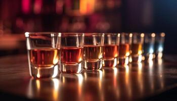 Luxury whiskey bottle and shot glass on illuminated bar counter generated by AI photo