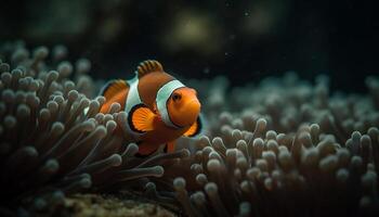 vistoso payaso pescado nadar en vibrante coral arrecife submarino paraíso generado por ai foto