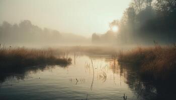 Tranquil scene at dawn, fog over pond, fishing in silence generated by AI photo