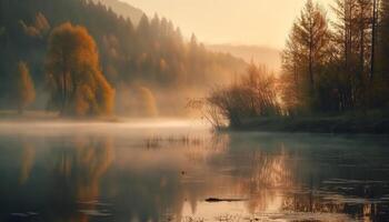 A tranquil scene of autumn fog, trees, and reflection generated by AI photo