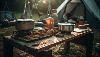 A la parrilla carne en un hoguera, un rústico verano picnic banquete generado por ai foto