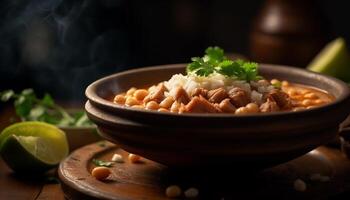 A rustic bowl of healthy, organic soup with fresh ingredients generated by AI photo