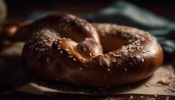 recién horneado todo trigo rosquilla, un sano indulgencia en rústico mesa generado por ai foto