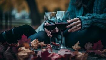 un romántico otoño celebracion al aire libre, bebiendo rojo vino por leña generado por ai foto