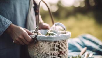 One man holding basket, sitting outdoors, enjoying fresh farm food generated by AI photo