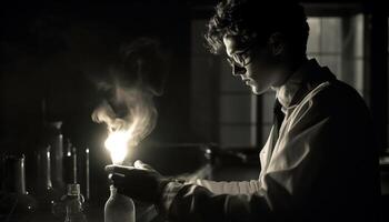 One scientist holding flame, concentrating on burning liquid indoors generated by AI photo