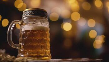 Golden beer in frothy pint glass illuminates dark pub night generated by AI photo